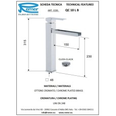 Смеситель для раковины с донным клапаном Remer Qubika Cascata QC10LB