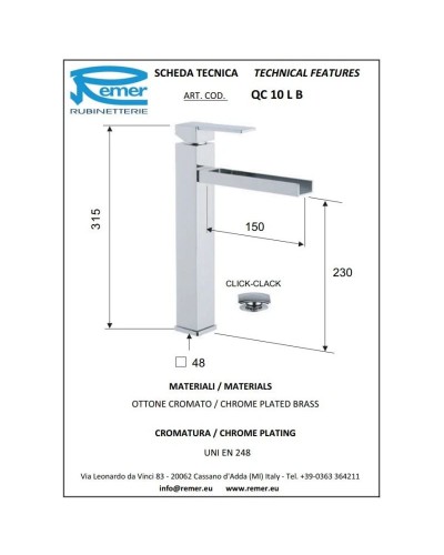 Смеситель для раковины с донным клапаном Remer Qubika Cascata QC10LB