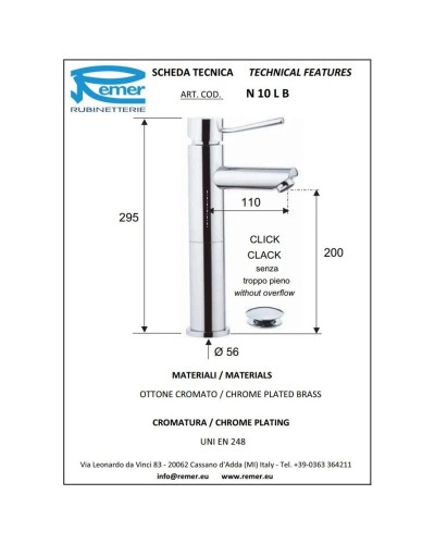 Смеситель для раковины с донным клапаном Remer Minimal N10LB