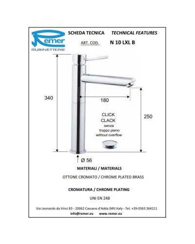 Смеситель для раковины с донным клапаном Remer Minimal N10LXLB