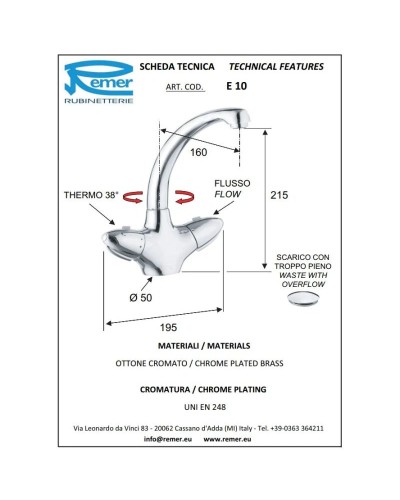 Термостат для раковины с донным клапаном Remer Eagle E10