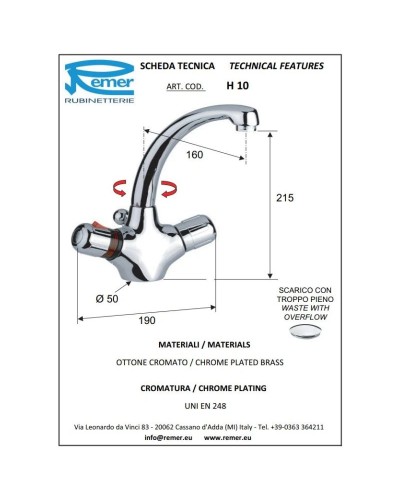 Термостат для раковины с донным клапаном Remer Thermo H10
