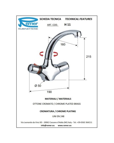Термостат для раковины без донного клапана Remer Thermo H11