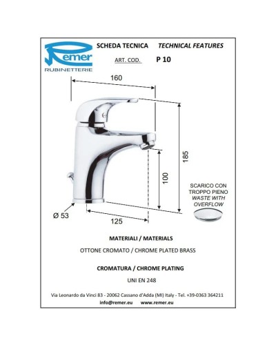 Смеситель для раковины с донным клапаном Remer Project P10