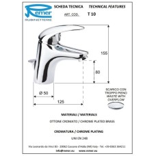 Смеситель для раковины с донным клапаном Remer Ten T10