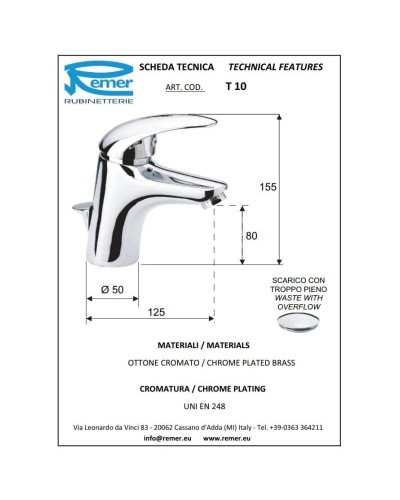 Смеситель для раковины с донным клапаном Remer Ten T10