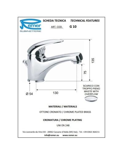 Смеситель для раковины с донным клапаном Remer Giga G10