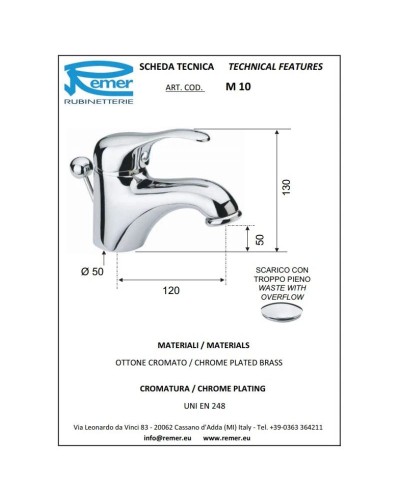 Смеситель для раковины с донным клапаном Remer Musa M10