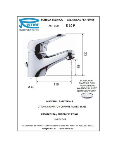 Смеситель для раковины с донным клапаном Remer Kiss K10P