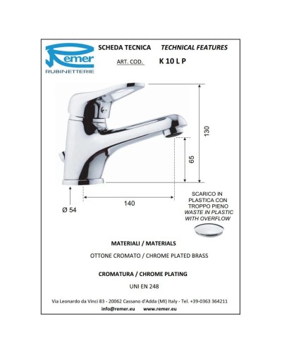 Смеситель для раковины с донным клапаном Remer Kiss K10LP