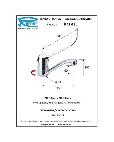 Смеситель для раковины без донного клапана Remer Kiss K11GLL