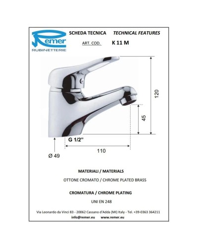 Кран для холодной воды без донного клапана Remer Kiss K11M