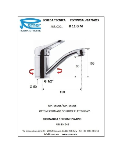 Кран для холодной воды без донного клапана Remer Kiss K11GM