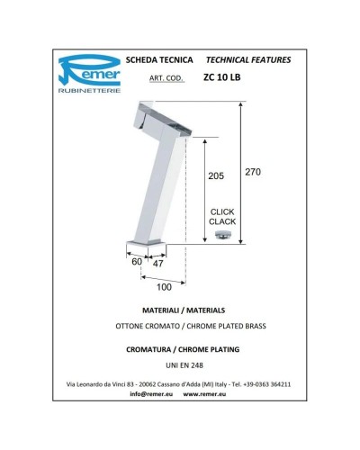 Смеситель для раковины с донным клапаном Remer Flash ZC10LB