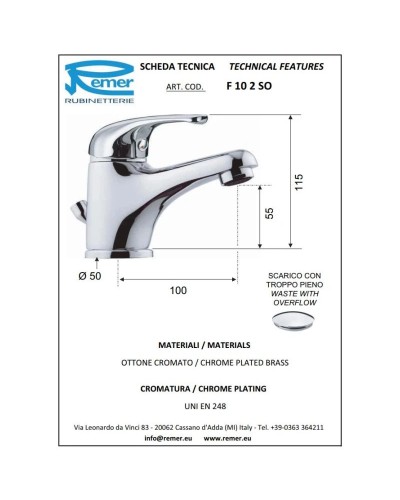 Смеситель для раковины с донным клапаном Remer Serie 35 F10SO