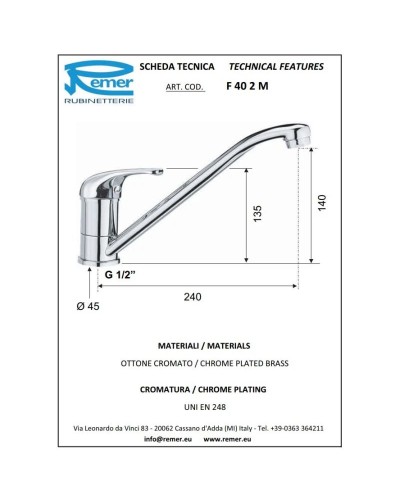 Кран для холодной воды без донного клапана Remer Serie 35 F40M