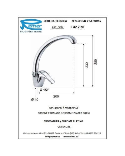 Кран для холодной воды без донного клапана Remer Serie 35 F42M