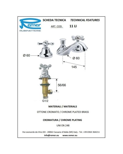 Смеситель для раковины с донным клапаном Remer Liberty 11LICE