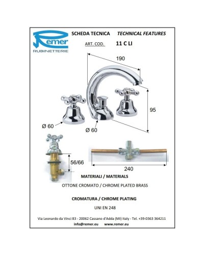 Смеситель для раковины с донным клапаном Remer Liberty 11CLICE