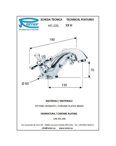 Смеситель для раковины с донным клапаном Remer Liberty 13LI