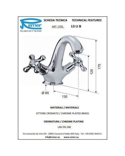 Смеситель для раковины с донным клапаном Remer Liberty 13LIB