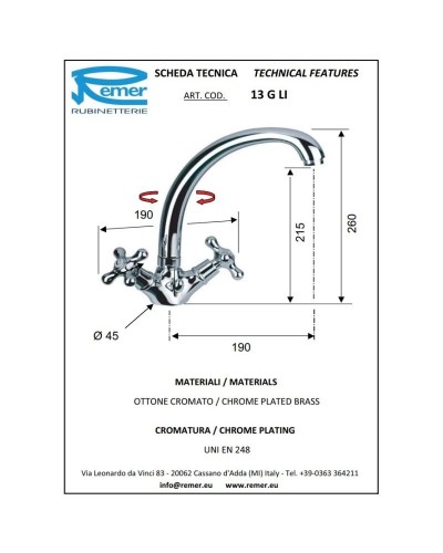 Смеситель для раковины с донным клапаном Remer Liberty 13GLICE
