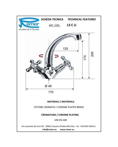 Смеситель для раковины с донным клапаном Remer Liberty 13CLI