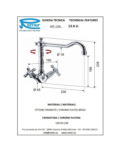 Смеситель для раковины с донным клапаном Remer Liberty 13ALICE