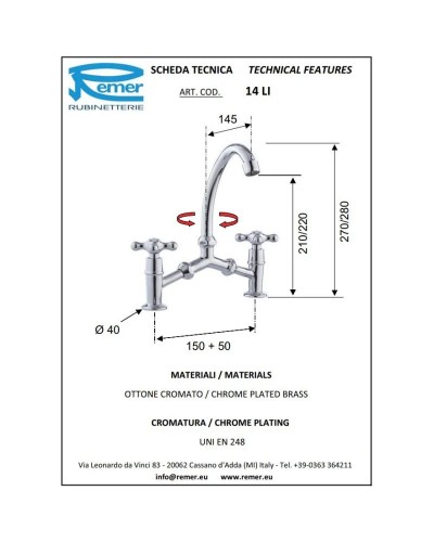 Смеситель для раковины без донного клапана Remer Liberty 14LI