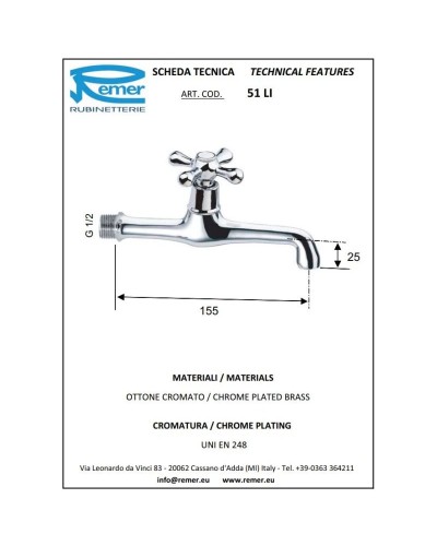 Кран для холодной воды без донного клапана Remer Liberty 51LICE
