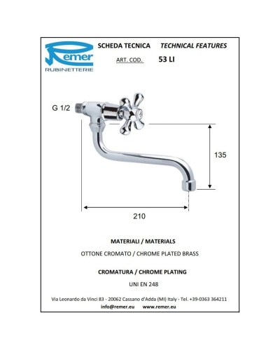 Кран для холодной воды без донного клапана Remer Liberty 53LICE