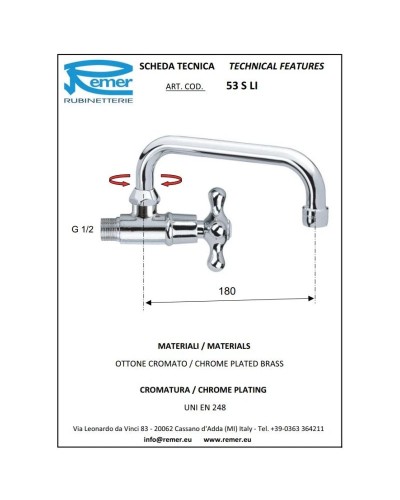 Кран для холодной воды без донного клапана Remer Liberty 53SLI