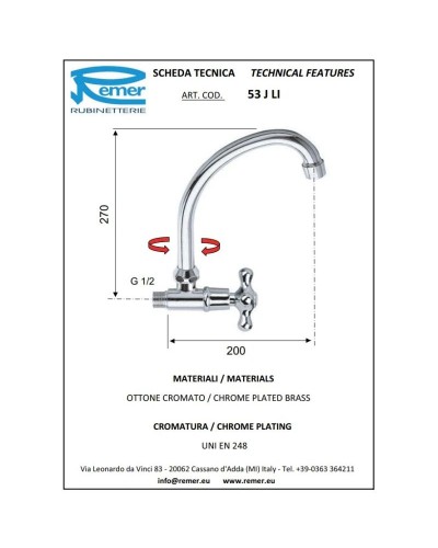 Кран для холодной воды без донного клапана Remer Liberty 53JLI