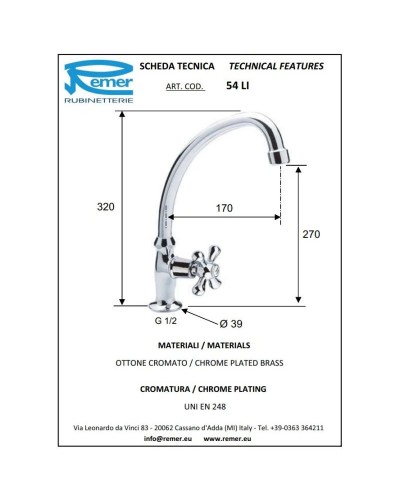 Кран для холодной воды без донного клапана Remer Liberty 54LICE