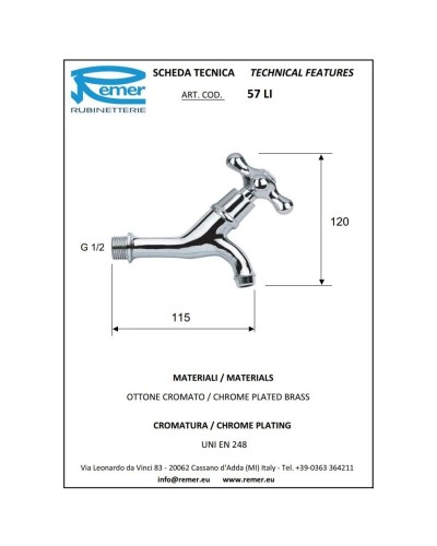 Кран для холодной воды без донного клапана Remer Liberty 57LI