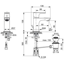 Смеситель для раковины с донным клапаном Ideal Standard Connect Air Piccolo A7014AA