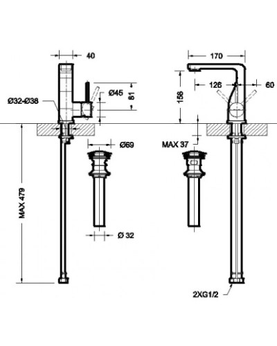 Смеситель для раковины с донным клапаном Bravat Arc F16061C-2-ENG