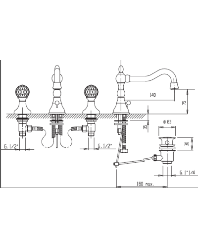 Смеситель для раковины на три отверстия, высокий CEZARES ATLANTIS-BLS2-A-01-Sw/M