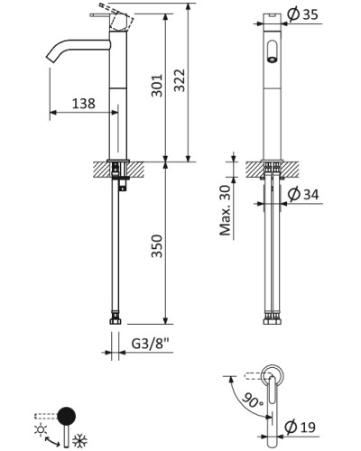 Смеситель для накладной раковины с тонкой ручкой с донным клапаном CEZARES LEAF-LC2-L-SS Sunset