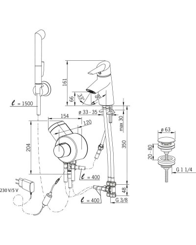 Термостат для раковины с донным клапаном с гигиеническим душем Oras Optima 2703FT