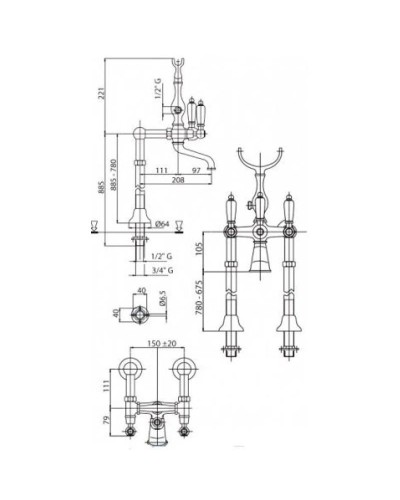 Смеситель на борт ванны с ручным душем золото 24 карат, ручки Swarovski Cezares Diamond DIAMOND-PBV-03/24-Sw