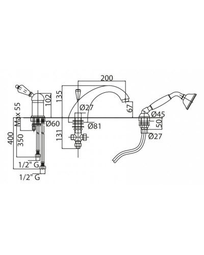 Смеситель на борт ванны хром, ручка Swarovski Nero Cezares Vintage VINTAGE-BVDM-01-Sw-N