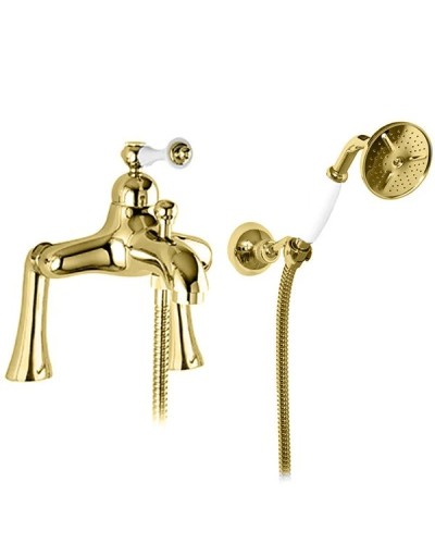 Смеситель на борт ванны с ручным душем золото 24 карат, ручка белая Cezares Margot MARGOT-PBVM-03/24-Bi