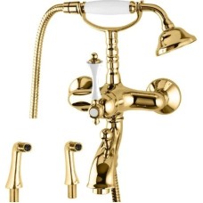 Смеситель на борт ванны с ручным душем золото 24 карат, ручка белая Cezares Margot MARGOT-PBV-03/24-Bi