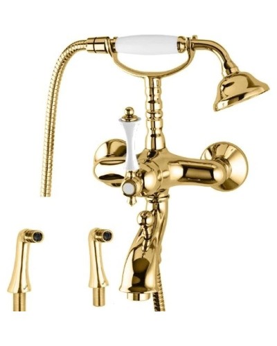 Смеситель на борт ванны с ручным душем золото 24 карат, ручка белая Cezares Margot MARGOT-PBV-03/24-Bi