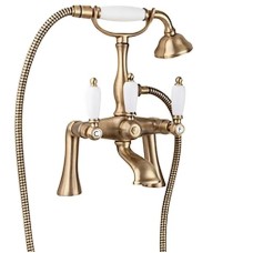 Смеситель на борт ванны с ручным душем бронза, ручки белые Cezares First FIRST-PBV-02-Bi