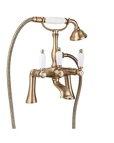 Смеситель на борт ванны с ручным душем бронза, ручки белые Cezares First FIRST-PBV-02-Bi