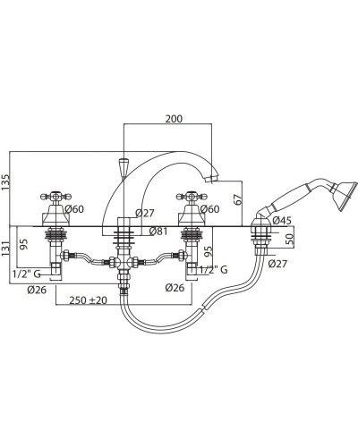 Смеситель на борт ванны золото 24 карат Cezares Lord LORD-BVD-03/24-Bi
