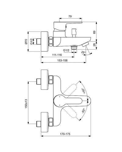 Смеситель для ванны Ideal Standard Sesia BC208AA Хром