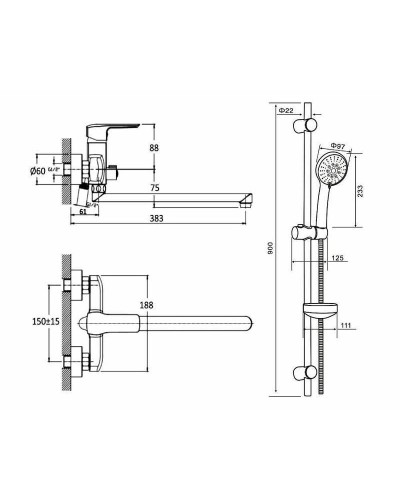 Смеситель для ванны Orange Merci m13-220cr универсальный Хром